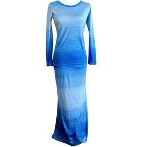 Vintage Lanvin Maxi Dress Gown Retro Blue Long Sleeve Geometric Retro Funky Sz 6